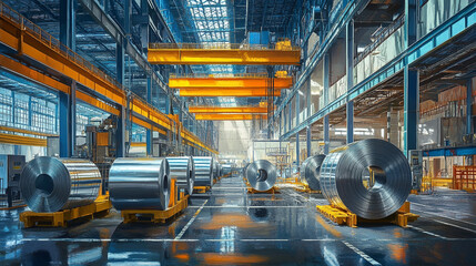 Industrial Factory Interior with Steel Rolls and Overhead Cranes