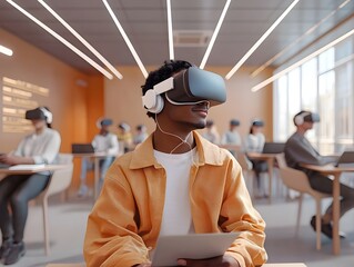 Poster - Immersive VR Language Learning Classroom with Students Practicing Conversations