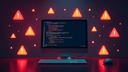 A computer monitor with a bunch of red and orange triangles surrounding it