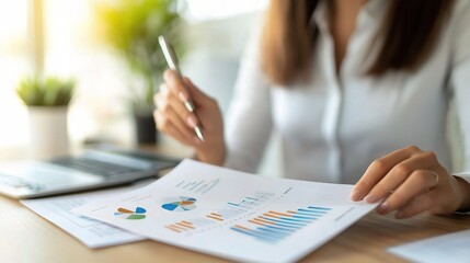 Poster - businesswoman analyzing financial reports at desk