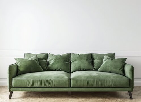 A plush green velvet sofa with pillows sits in front of a white wall with molding. creating a cozy and inviting living room setting