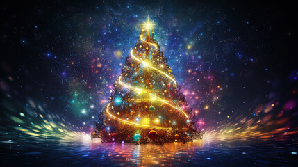 Poster - Winter holidays party invitation card with shiny Christmas Tree with sparkling garlands