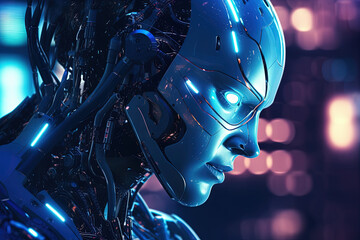 Poster - Android or cybernetic human with neon blue eyes. Sci-fi concept of futuristic cyberpunk robot