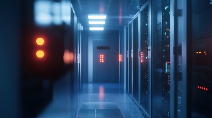 Poster - Closeup of the rear of a data center. Blue version.