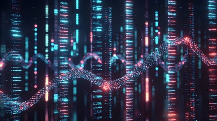 Poster - glowing digital archive of dna data strands in futuristic library concept