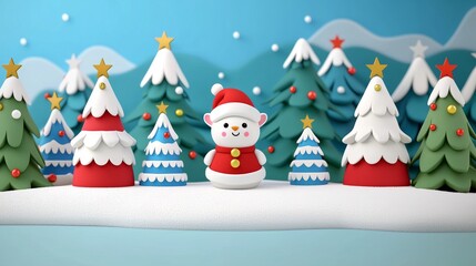 Wall Mural - Cute Snowman Character in Christmas Tree Forest