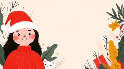 Wall Mural - Christmas Girl with Cat and Gift Illustration