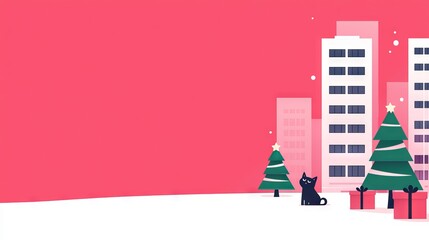 Wall Mural - Black Cat Under Christmas Tree in Cityscape with Pink and White Background