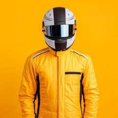 A person in a yellow racing suit and helmet against a bright orange background.