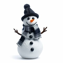 Poster - Smiling snowman wearing a black hat and scarf posing on a white background