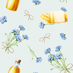 Watercolor seamless pattern with oil glass bottle with cork cap and natural handmade soap with cornflowers isolated on background. Beauty products and botany elements, cosmetology and medicine