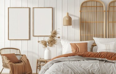 Cozy bedroom interior with a rattan headboard. a wicker chair. and two blank frames on a white wall