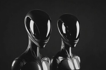 Eerie black and white depiction of two alien figures against a shadowy minimalist backdrop