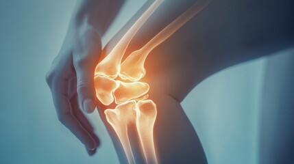 Poster - Woman is grabbing her painful knee, with an x ray effect highlighting her bones. The image evokes medical and healthcare concepts