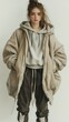 © jobim - a young woman dressed in a stylish, casual outfit. She is wearing a large, beige outer jacket that has a relaxed fit, layered over a light gray hoodie. The hoodie is slightly visible at the neckline,