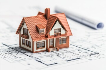 Aufkleber - Small house model on blueprint, a house model placed on top of a blueprint, illustrating the connection between the design plan and the final model,