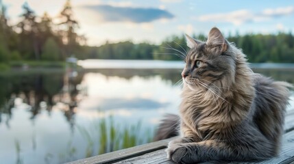 Norwegian Forest Cat on Deck Overlooking Serene Lake and Forest Landscape