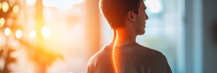 Poster - Man is standing with a highlighted spine, depicting discomfort and potential medical concerns related to his posture or overall health
