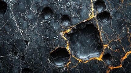 Abstract close-up of a textured surface with dark spots and glowing cracks.