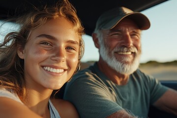 A candid photo of a father and daughter driving together on a sunny day, capturing cheerful expressions of joy and the essence of a road trip adventure.