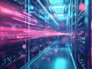 Poster - futuristic quantum internet data center with glowing particles streaming through fiber optic cables