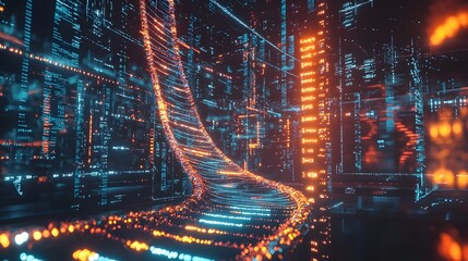 Poster - futuristic lab encoding binary data into glowing dna strands for data storage concept