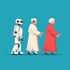 A robot and two elderly women in a progression, symbolizing aging and technology.