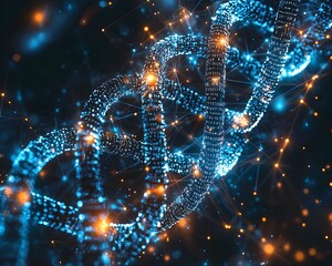 Poster - dna data storage concept with binary code flowing through genetic machinery