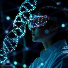 Poster - Scientist Viewing Augmented Reality DNA Strand with Visualized Data Files