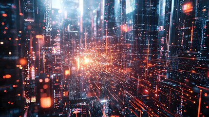 Poster - Futuristic Quantum Internet Visualized as Glowing Data Particles Transferring Across a Vibrant City Skyline