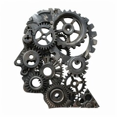 Poster - Metal gears forming a human head silhouette, symbolizing artificial intelligence, on white background