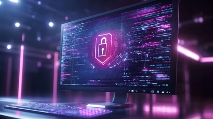 Poster - Modern computer monitor with creative lock hologram and chip. Information security concept. 3D Rendering