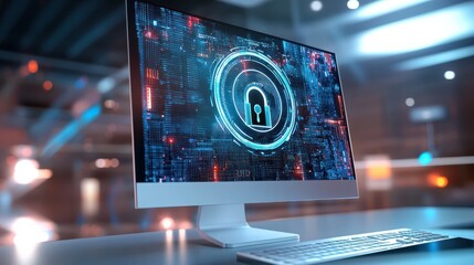 Poster - Modern computer monitor with creative lock hologram and chip. Information security concept. 3D Rendering