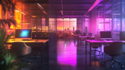 Poster - modern neon cyberpunk open space office interior blurred with information technology overlay. corpor