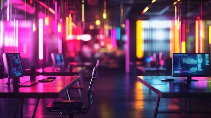 Poster - modern neon cyberpunk open space office interior blurred with information technology overlay. corpor