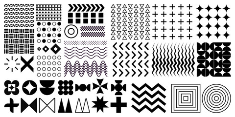 Poster - Memphis shapes. Geometric graphic form. Black line pattern. Minimalist design. Flat circles and squares. Modern geometry flat frame. Trendy dot and silhouette cross. Vector elements set