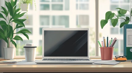 Poster - modern workplace with laptop computer, coffee cup and office supplies