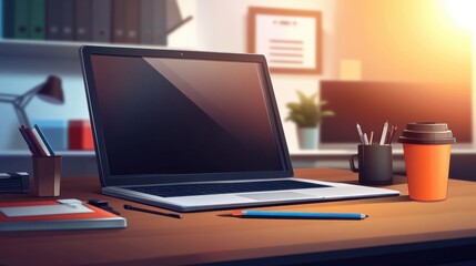 Poster - modern workplace with laptop computer, coffee cup and office supplies