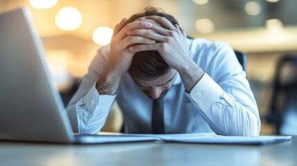 Poster - Stressed businessman at his desk, overwhelmed with a headache, reflects the challenges of the office world. Tired and exhausted, he shows the impact of workplace stress on mental health