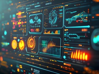 Poster - holographic control panel displaying real time data from smart grid with dynamic energy flow visuali