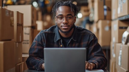 Poster - American Male Entrepreneur use smartphones and Laptop takes orders and checks online orders Online SME business idea