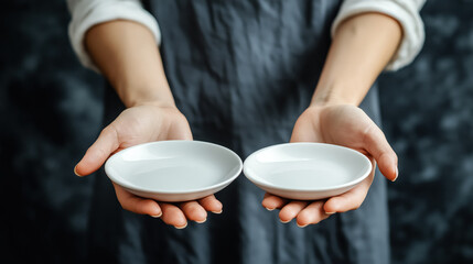 Woman holding two empty plates with care against a dark background