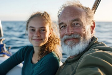 a bearded man and a young girl, both smiling, are captured enjoying a sailing adventure on a beautif