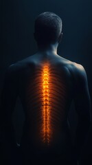 Poster - Man with glowing spine evokes back pain, human anatomy complexities, and healthcare needs against a dark background