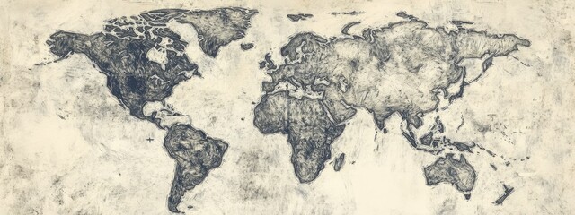 artistic hand-drawn world map featuring rough pencil strokes, showcasing a rustic and handcrafted ae