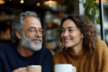 An older man with glasses and gray hair shares a warm smile with a young woman in a mustard sweater, enjoying coffee together in an ambient cafe setting.