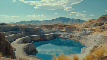 Stunning aerial view of open-pit mining quarry with blue water and scenic mountain background