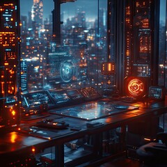 Poster - Exploring high-tech futuristic workspaces with holographic displays and cybernetic elements in urban environments