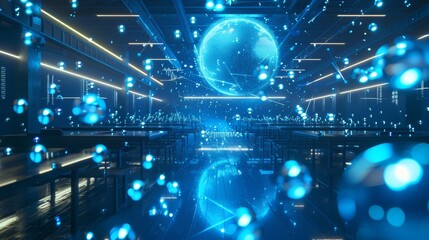 Poster - Hologram of planet earth floating above desks in futuristic office space with data points and lines flowing, representing global communication and advanced technology