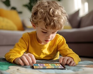 Poster - curious child exploring personalized math app on digital tablet